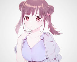 Rule 34 | 1girl, :o, blunt bangs, blush, breasts, brown hair, collarbone, double bun, dress, finger to cheek, hair bun, highres, idolmaster, idolmaster shiny colors, looking at viewer, medium breasts, norada, purple dress, red eyes, see-through, see-through sleeves, simple background, solo, sonoda chiyoko, twintails, upper body, v-neck
