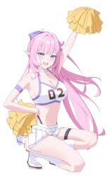 1girl alternate_costume alternate_hairstyle arm_up blue_eyes breasts cheerleader cleavage commentary crop_top elf elysia_(honkai_impact) english_commentary highres holding holding_pom_poms honkai_(series) honkai_impact_3rd large_breasts long_hair miniskirt nami_(tznami) navel open_mouth pink_hair pointy_ears pom_pom_(cheerleading) pom_poms ponytail sideboob skirt smile solo squatting stomach thigh_strap thighs twitter_username white_footwear white_skirt