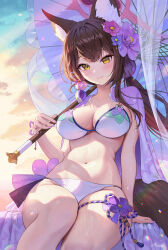 Rule 34 | 1girl, absurdres, animal ear fluff, animal ears, bead bracelet, beads, bikini, blue archive, bracelet, breasts, brown hair, flower, fox ears, fox girl, fox tail, hair flower, hair ornament, halo, heartki, highres, jewelry, large breasts, looking at viewer, navel, official alternate costume, oil-paper umbrella, signature, sitting, smile, solo, stomach, string bikini, swimsuit, tail, thick thighs, thigh strap, thighs, umbrella, wakamo (blue archive), wakamo (swimsuit) (blue archive), white bikini, yellow eyes