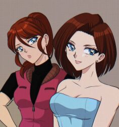 Rule 34 | 1990s (style), 2girls, bare shoulders, bishoujo senshi sailor moon (style), blue eyes, breasts, brown hair, claire redfield, cleavage, earrings, highres, jewelry, jill valentine, medium breasts, medium hair, multiple girls, resident evil, resident evil 2, resident evil 3, retro artstyle, short hair, short sleeves, sleeveless, xtrillvalentine