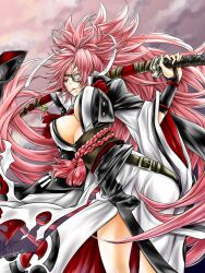 Rule 34 | 1girl, baiken, big hair, black jacket, black kimono, breasts, cleavage, eyepatch, facial tattoo, guilty gear, guilty gear strive, holding, holding sword, holding weapon, jacket, jacket on shoulders, japanese clothes, kataginu, katana, kimono, large breasts, long hair, long sleeves, mouth hold, multicolored clothes, multicolored kimono, one-eyed, open clothes, open kimono, ponytail, red eyes, red hair, samurai, scar, scar across eye, stalk in mouth, sword, tattoo, torn sleeve, weapon, white kimono, zennomituaka