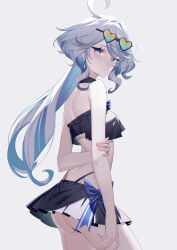 Rule 34 | 1girl, absurdres, ahoge, ass, blue eyes, blue hair, blush, closed mouth, cowboy shot, earrings, eyewear on head, from side, furina (genshin impact), furrowed brow, genshin impact, grey background, grey hair, heart, heart-shaped eyewear, highres, hunxuemeilin, jewelry, long hair, looking at viewer, looking to the side, multicolored hair, sidelocks, simple background, solo, standing, streaked hair, swimsuit, two-tone hair
