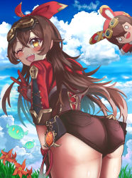 Rule 34 | 1girl, amber (genshin impact), artist request, ass, baron bunny (genshin impact), blush, breasts, brown eyes, brown hair, from behind, genshin impact, gloves, hair ribbon, hairband, highres, huge ass, leaning, leaning forward, long hair, looking at viewer, medium breasts, open mouth, ribbon, shiny clothes, shiny skin, short shorts, shorts, sideboob, smile, solo, thick thighs, thighs, v, very long hair