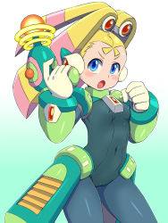 Rule 34 | 1girl, android, blonde hair, blue eyes, blush, bodysuit, breasts, cameltoe, capcom, clenched hand, covered erect nipples, covered navel, cowboy shot, energy gun, gloves, gradient background, headgear, highres, holding, holding weapon, konboi-eg, looking at viewer, mega man (series), mega man x8, mega man x (series), open mouth, pallette (mega man), pantyhose, petite, robot ears, simple background, skin tight, small breasts, solo, twintails, weapon, white gloves