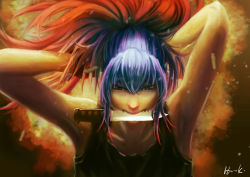 Rule 34 | 1girl, absurdres, adjusting hair, blue eyes, blue hair, combat knife, gradient hair, hank hua, highres, knife, leona heidern, matching hair/eyes, mouth hold, multicolored hair, orochi leona, red hair, solo, tank top, the king of fighters, weapon