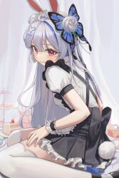 Rule 34 | 1girl, absurdres, animal ears, apron, back bow, black bow, black skirt, blush, bow, butterfly hair ornament, cake, closed mouth, curtains, feet out of frame, food, frilled apron, frilled skirt, frills, from side, grey hair, hair bun, hair ornament, high-waist skirt, highres, indoors, kongsi, looking at viewer, looking to the side, maid headdress, miniskirt, multicolored hair, on floor, original, pink eyes, puffy short sleeves, puffy sleeves, rabbit ears, rabbit tail, red eyes, shirt, short sleeves, single hair bun, skirt, smile, solo, streaked hair, tail, thighhighs, tiered tray, two-tone hair, waist apron, war, white apron, white shirt, white thighhighs, zettai ryouiki