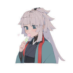 Rule 34 | 1girl, aqua kimono, blue eyes, commentary, cropped torso, dango, eating, fate/samurai remnant, fate (series), food, food in mouth, grey hair, highres, holding, holding food, japanese clothes, kimono, long hair, ponytail, simple background, solo, symbol-only commentary, tia (cocorosso), very long hair, wagashi, white background, yui shousetsu (fate)