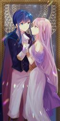 Rule 34 | 1boy, 1girl, absurdres, alternate costume, bare shoulders, blue eyes, blue hair, bracelet, braid, brother and sister, cape, circlet, commentary request, dress, fire emblem, fire emblem: genealogy of the holy war, gloves, highres, holding hands, jewelry, julia (fire emblem), long hair, looking at another, namakonbu ri, nintendo, ponytail, purple eyes, purple hair, seliph (fire emblem), siblings