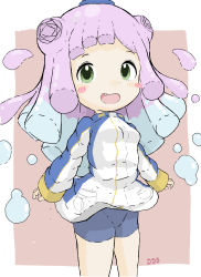 Rule 34 | 1girl, :d, absurdres, bike shorts, blue hair, blue shorts, breasts, brown background, commentary request, double bun, fang, hair bun, highres, jacket, long hair, long sleeves, looking at viewer, monster girl, multicolored hair, open mouth, pink hair, puniru (puniru wa kawaii slime), puniru wa kawaii slime, rururu (pyrk8855), short shorts, shorts, signature, sleeves past wrists, slime (substance), slime girl, small breasts, smile, solo, two-tone background, two-tone hair, very long hair, white background, white jacket