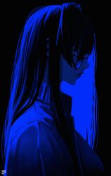 Rule 34 | 1girl, absurdres, black background, blue theme, blunt bangs, blunt ends, commentary, earrings, from side, hair intakes, highres, holocouncil, hololive, hololive english, jewelry, looking at viewer, monochrome, official alternate hair length, official alternate hairstyle, ouro kronii, profile, sidelocks, sideways glance, simple background, solo, steb, sunglasses, upper body, virtual youtuber