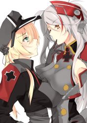 Rule 34 | anchor hair ornament, aqua eyes, asymmetrical docking, azur lane, blonde hair, breast press, breasts, brown eyes, commentary request, crossover, detached sleeves, finger in own mouth, hair ornament, hat, height difference, highres, historical name connection, kantai collection, kuromaguro, large breasts, long hair, looking at another, multicolored hair, name connection, one eye closed, peaked cap, prinz eugen (azur lane), prinz eugen (kancolle), silver hair, simple background, twintails, two-tone hair, white background