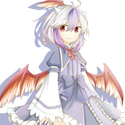 Rule 34 | 1girl, ahoge, bad id, bad pixiv id, blue hair, ellipsis (mitei), head wings, horns, multicolored hair, red eyes, short hair, silver hair, simple background, smile, solo, tokiko (touhou), touhou, two-tone hair, white background, wings