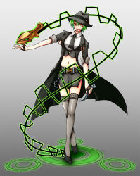 Rule 34 | 1girl, arc system works, artist request, balisong, belt, black thighhighs, blazblue, blazblue: continuum shift, breasts, chain, coat, fedora, female focus, fingerless gloves, gender request, genderswap, gloves, green hair, hat, hazama, high heels, highres, knife, looking at viewer, midriff, miniskirt, navel, necktie, open mouth, ouroboros, short hair, skirt, smile, snake, solo, thighhighs, trench coat, weapon, yellow eyes