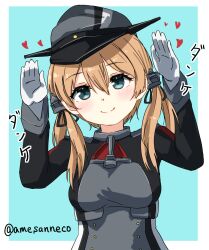 Rule 34 | 1girl, ame-rain, blue eyes, breasts, brown hair, gloves, hands up, hat, heart, highres, kantai collection, looking at viewer, medium breasts, prinz eugen (kancolle), simple background, smile, solo, twintails, twitter username, upper body, white gloves