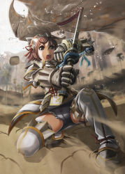Rule 34 | 1girl, :o, angry, armor, battle, blood, boots, brown eyes, brown hair, cameltoe, capcom, cephalos, eques (armor), fighting stance, flying, foreshortening, frilled panties, frills, from below, gauntlets, gloves, grey eyes, grey panties, hair ornament, hair ribbon, hairband, injury, kneeling, loincloth, miniskirt, monster, monster hunter, monster hunter (series), monster hunter frontier, nature, open mouth, outdoors, panties, pantyshot, ribbon, sand, shadow, short hair, skirt, sky, solo, spikes, spread legs, squatting, sword, thigh boots, thighhighs, tree, underwear, upskirt, v-mag, weapon, white thighhighs, zettai ryouiki