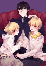 Rule 34 | 3boys, ahoge, bad id, bad pixiv id, black eyes, black hair, blonde hair, blush, child, child gilgamesh (fate), dual persona, fang, fate/hollow ataraxia, fate/zero, fate (series), gilgamesh (fate), jewelry, kotomine kirei, male focus, multiple boys, necklace, aged up, picoteku, red eyes, aged down
