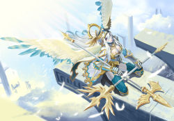 Rule 34 | 1girl, armor, blue thighhighs, boots, breasts, cape, cleavage, cleavage cutout, clothing cutout, day, detached sleeves, dual wielding, elia (p&amp;d), feathered wings, feathers, gauntlets, halo, helmet, highres, holding, kneeling, large breasts, light rays, long hair, looking at viewer, looking up, nuru (nuru0228), outdoors, parted lips, pink lips, polearm, purple eyes, puzzle &amp; dragons, silver hair, solo, structure, thighhighs, very long hair, weapon, wind, winged helmet, wings