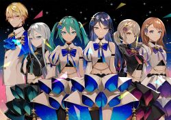 Rule 34 | 1boy, 5girls, aqua eyes, aqua eyeshadow, aqua hair, aqua skirt, armband, armpit crease, arms at sides, ascot, azusawa kohane, bad link, belly chain, belt, belt buckle, black armband, black background, black belt, black gloves, black hair, black skirt, black thighhighs, blonde hair, blue ascot, blue background, blue bow, blue capelet, blue eyes, blue eyeshadow, blue ribbon, blue skirt, bow, braid, breasts, brooch, brown hair, bubble skirt, buckle, buttons, capelet, chest belt, closed mouth, collared jacket, colored tips, cowboy shot, crop top, dot nose, double horizontal stripe, eyelashes, eyeshadow, flat chest, front slit, glint, gloves, gold trim, gradient background, gradient hair, grey eyes, grey hair, hair between eyes, hair bow, hair ornament, half gloves, hanasato minori, hand on own chest, hand up, happy, hatsune miku, head tilt, height difference, high-low skirt, highres, hoshino ichika (project sekai), jacket, jewelry, juliet sleeves, lam (ramdayo), layered skirt, lens flare, light brown hair, light particles, lineup, long hair, long sleeves, looking at viewer, makeup, medium hair, midriff, multicolored background, multicolored hair, multiple girls, neck ribbon, official alternate costume, official art, orange eyes, orange hair, pants, pink background, pink bow, pink ribbon, pink skirt, project sekai, puffy sleeves, purple bow, purple eyeshadow, purple ribbon, purple skirt, ribbon, ringed eyes, short twintails, shoulder tattoo, sidelocks, simple background, single bare arm, single bare leg, single horizontal stripe, single sleeve, single thighhigh, skirt, sleeve bow, small breasts, smile, standing, star (symbol), star brooch, star hair ornament, starry sky print, straight hair, striped bow, striped ribbon, swept bangs, tareme, tassel, tattoo, tenma tsukasa, thighhighs, toggles, triangle, tsurime, twintails, two-sided fabric, two-sided skirt, vertical-striped bow, very long hair, vocaloid, white jacket, white pants, white skirt, yellow background, yellow eyes, yoisaki kanade