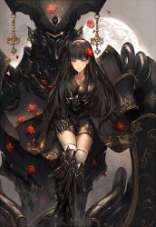 Rule 34 | 1girl, armor, black armor, black dress, black hair, black kimono, blunt bangs, boots, claws, collarbone, dress, flower, gauntlets, giant, greaves, grey background, hair flower, hair ornament, japanese clothes, jitome, kimono, knee boots, knight, long hair, long sleeves, looking at viewer, makai no juumin, moon, orange eyes, original, over-kneehighs, petals, short kimono, skull, thighhighs, thighs, very long hair, white thighhighs, wide sleeves, yellow eyes