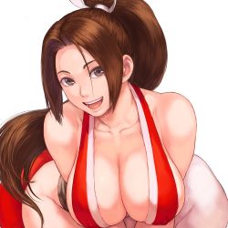 Rule 34 | 1girl, :d, bad anatomy, bare shoulders, breasts, brown eyes, brown hair, cleavage, collarbone, commentary request, covered erect nipples, fatal fury, japanese clothes, large breasts, leaning forward, looking at viewer, ninja, no bra, open mouth, parted bangs, ponytail, revealing clothes, shiny skin, shiranui mai, shu-mai, simple background, sleeveless, smile, snk, solo, the king of fighters, thick thighs, thighs, white background, wide hips