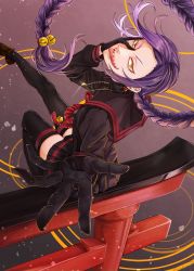 Rule 34 | 1girl, bell, black gloves, black skirt, black thighhighs, braid, chikujouin magane, earrings, gloves, hand on own cheek, hand on own face, highres, jewelry, jingle bell, long hair, necklace, outstretched hand, purple hair, re:creators, school uniform, serafuku, sharp teeth, shinomy, sitting, skirt, solo, teeth, thighhighs, tongue, tongue out, torii, torii earrings, very long hair, yellow eyes