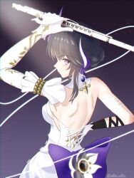 Rule 34 | 1girl, absurdres, armlet, backless dress, backless outfit, bandaged arm, bandages, black hair, bow, chikarit, collar, detached collar, dress, elbow gloves, flute, gloves, highres, holding, holding flute, holding instrument, instrument, jewelry, punishing: gray raven, purple bow, purple eyes, selena: capriccio (irisfall ballad) (punishing: gray raven), selena (punishing: gray raven), short hair, sidelocks, solo, white collar, white dress, white gloves, wing hair ornament