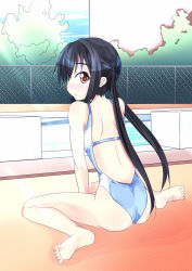 Rule 34 | 00s, 1girl, ass, back, bad id, bad pixiv id, barefoot, black hair, blush, brown eyes, chain-link fence, competition swimsuit, feet, fence, highleg, highleg swimsuit, k-on!, kou (ahms), light rays, long hair, looking back, nakano azusa, one-piece swimsuit, outdoors, pool, poolside, sitting, solo, starting block, sunbeam, sunlight, swimsuit, twintails, wariza, water