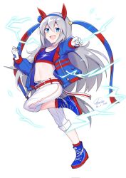 Rule 34 | 1girl, animal ears, belt, blue eyes, blue footwear, blue jacket, blush, cho k (choco tcl), clenched hand, crop top, dated, electricity, fingerless gloves, flat chest, full body, gloves, grey hair, hairband, high tops, highres, horse ears, horse girl, horse tail, jacket, long hair, long sleeves, looking at viewer, maid headdress, midriff, navel, open mouth, outstretched arm, pants, reaching, reaching towards viewer, shoes, sign, simple background, smile, sneakers, solo, standing, standing on one leg, tail, tamamo cross (umamusume), umamusume, white background, white gloves, white pants