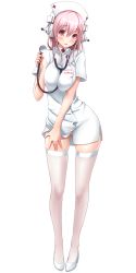 Rule 34 | 1girl, blush, breasts squeezed together, breasts, full body, hat, headphones, high heels, highres, holding, large breasts, long hair, looking at viewer, nitroplus, nurse, nurse cap, open mouth, panties, pink eyes, pink hair, smile, solo, stethoscope, super sonico, thighhighs, transparent background, underwear, v-mag, white background, white panties, white thighhighs