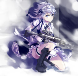 Rule 34 | 1girl, acog, apron, assault rifle, black footwear, black ribbon, black skirt, blue eyes, blurry, boots, braid, breasts, buttons, cleavage, closed mouth, collared shirt, commentary request, cross-laced footwear, cuffs, elbow gloves, eotech, eyebrows, eyelashes, finger on trigger, floating hair, frilled apron, frilled shirt, frilled skirt, frilled sleeves, frills, full body, gloves, gun, hair ribbon, holding, holding gun, holding weapon, izayoi sakuya, knee boots, knee up, lace-up boots, laser sight, light smile, looking at viewer, m4 carbine, maid headdress, neck ribbon, on one knee, partially unbuttoned, petticoat, puffy short sleeves, puffy sleeves, ribbon, ribbon-trimmed sleeves, ribbon trim, rifle, sash, scope, shirt, short hair, short sleeves, side braids, skirt, solo, thighs, touhou, twin braids, vertical forward grip, waist apron, waistcoat, weapon, white gloves, white hair, wing collar, wrist cuffs, yagni