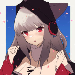 Rule 34 | 1girl, animal ears, arknights, bare shoulders, beanie, black hat, blue background, breasts, dr.lamina, ears through headwear, eyebrows hidden by hair, frostleaf (arknights), grey background, grey hair, hands up, hat, headphones, heart, long sleeves, looking at viewer, medium breasts, parted lips, red eyes, solo, two-tone background