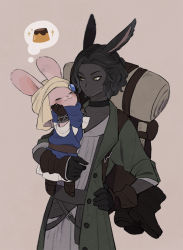 Rule 34 | 1boy, animal ears, backpack, bag, black hair, black skin, carrying, choker, closed eyes, closed mouth, coat, colored skin, ears through headwear, erenville, final fantasy, final fantasy xiv, food, furry, furry male, gloves, hand on own hip, hand up, height difference, highres, looking at another, loporrit, male focus, medium hair, pink background, pk yumyou, pudding, rabbit ears, simple background, snout, turban, viera, yellow eyes