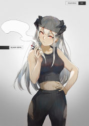 Rule 34 | 1girl, absurdres, arknights, artist name, bare arms, bare shoulders, black pants, black tank top, breasts, cigarette, commentary request, cowboy shot, crop top, earrings, gradient background, grey background, hand up, head tilt, highres, holding, holding cigarette, horns, jewelry, leggings, long hair, looking at viewer, medium breasts, midriff, pants, parted lips, pink eyes, saria (arknights), silver hair, smoking, solo, standing, tank top, very long hair, zzz (orchid-dale)
