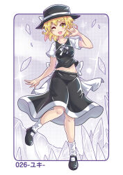 Rule 34 | 1girl, black skirt, blonde hair, bow, colonel aki, commentary request, hat, hat bow, looking at viewer, navel, one eye closed, open mouth, shoes, short hair, short sleeves, skirt, smile, socks, solo, touhou, translation request, yellow eyes, yuki (touhou)