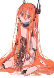 Rule 34 | 1girl, a.i. voice, adachi rei, alternate hair length, alternate hairstyle, android, between legs, cable, closed mouth, commentary, completely nude, full body, hair between eyes, hand between legs, headlamp, headset, highres, joints, long hair, looking at viewer, mechanical parts, nude, orange eyes, orange hair, radio antenna, robot joints, simple background, sitting, solo, symbol-only commentary, utau, very long hair, wariza, white background, yuyu no suke