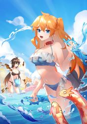 Rule 34 | 1boy, 2girls, aether (genshin impact), animal, ball, beachball, bikini, black bikini, blue bikini, blue eyes, blush, breasts, brown hair, cleavage, closed eyes, cloud, commentary, dual wielding, earrings, eel, genderswap, genderswap (mtf), genshin impact, gradient hair, hair between eyes, hair ribbon, highres, holding, holding ball, holding weapon, jewelry, large breasts, long hair, looking at viewer, medium breasts, multicolored hair, multiple girls, open mouth, orange hair, powu555, red ribbon, ribbon, single earring, sky, swimsuit, symbol-only commentary, tartaglia (genshin impact), twitter username, two side up, very long hair, wading, water, weapon, zhongli (genshin impact)