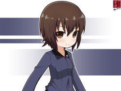 Rule 34 | 1girl, absurdres, aikazilla, artist logo, artist name, brown eyes, brown hair, closed mouth, commentary, dress shirt, girls und panzer, grey shirt, highres, kuromorimine school uniform, long sleeves, looking at viewer, nishizumi maho, outline, school uniform, shirt, short hair, smile, solo, twitter username, upper body, white outline, wing collar