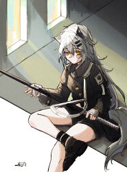 Rule 34 | 1girl, animal ears, arknights, black footwear, black jacket, black shorts, closed mouth, commentary request, commission, expressionless, fingerless gloves, foot out of frame, gloves, grey gloves, grey hair, grey tail, hair between eyes, hair ornament, hairclip, hand on blade, harukan tiusu, high collar, highres, holding, holding sword, holding weapon, jacket, lappland (arknights), long hair, long sleeves, looking down, orange eyes, shoe soles, shoes, shorts, signature, sitting, skeb commission, solo, sword, tail, unfinished, weapon, wolf ears, wolf girl, wolf tail