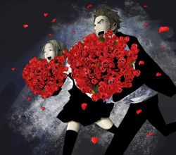 Rule 34 | 00s, 1boy, 1girl, baccano!, blonde hair, bouquet, brown hair, flower, formal, isaac dian, miria harvent, petals, red rose, rose, rose petals, running, smile, spot color, suit