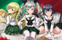 Rule 34 | 10s, :p, alternate costume, anchovy (girls und panzer), artist name, bad id, bad twitter id, bed, black hair, blonde hair, blouse, blush, braid, bread, brown eyes, carpaccio (girls und panzer), closed mouth, drill hair, food, frying pan, girls und panzer, green eyes, green hair, green skirt, hair ribbon, haruhata mutsuki, holding, italian flag, leaning forward, long hair, long sleeves, looking at viewer, looking back, miniskirt, neckerchief, ooarai school uniform, pantyhose, pepperoni (girls und panzer), pleated skirt, red eyes, ribbon, riding crop, school uniform, serafuku, shirt, short hair, side braid, signature, sitting, skirt, smile, table, tomato, tongue, tongue out, twin drills, twintails, twitter username, white legwear, white shirt