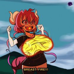 Rule 34 | 1girl, absurdres, artist name, blue sky, breast fire, breasts, breath weapon, breathing fire, crossover, dragon girl, dragon horns, dragon tail, energy, energy ball, english text, fire, fireball, frank araya, glowing, glowing breasts, glowing mouth, highres, horns, huge breasts, ilulu (maidragon), kobayashi-san chi no maidragon, mazinger (series), monster girl, open mouth, sharp teeth, shortstack, sky, tail, teeth