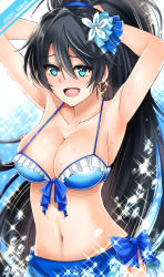 Rule 34 | 10s, 1girl, aqua eyes, armpits, arms up, bad id, bad pixiv id, bikini, black hair, blue bikini, blush, breasts, character name, cleavage, earrings, fang, female focus, flower, ganaha hibiki, gradient background, hair flower, hair ornament, high ponytail, idolmaster, idolmaster (classic), idolmaster one for all, inu (marukome), jewelry, large breasts, long hair, looking at viewer, navel, open mouth, ponytail, smile, solo, sparkle, striped, striped background, sweat, swimsuit, very long hair
