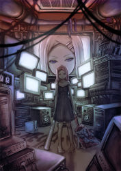 Rule 34 | 1girl, anemone (eureka seven), barefoot, baseball bat, computer, dress, eureka seven, eureka seven (series), game console, hair ornament, hairclip, hecatoncheir, monitor, nintendo, original, pink hair, solo, speaker, strap slip, stuffed animal, stuffed toy, wacchi30, wii