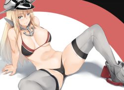 Rule 34 | 10s, 1girl, bikini, bismarck (kancolle), blonde hair, blue eyes, blush, breasts, cameltoe, cleavage, cleft of venus, female focus, grey thighhighs, hat, hews, kantai collection, large breasts, long hair, looking at viewer, military hat, navel, simple background, sitting, smile, solo, swimsuit, thighhighs