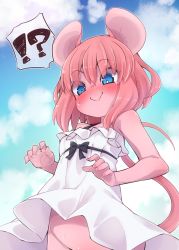 Rule 34 | !?, 1girl, :&gt;, animal ears, arms up, bare shoulders, blue eyes, blush, cloud, day, dress, embarrassed, furry, furry female, groin, highres, mouse (animal), mouse ears, mouse tail, nervous smile, no panties, original, out-of-frame censoring, pink hair, short dress, short hair, sky, sleeveless, sleeveless dress, smile, solo, sundress, sweatdrop, tail, upper body, white dress, wind, wind lift, yuuki (yuyuki000)