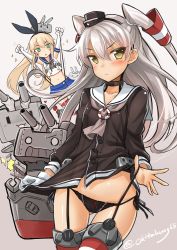 Rule 34 | &gt;:&lt;, &gt; &lt;, 10s, 2girls, :&lt;, :3, amatsukaze (kancolle), anchor, black panties, blonde hair, blush, brown eyes, choker, closed eyes, closed mouth, collarbone, dress, garter straps, gloves, gradient background, grey hair, hair ornament, hairband, kantai collection, lace, lace-trimmed panties, lace trim, long hair, looking at viewer, microskirt, midriff, multiple girls, navel, no pants, okitakung, open mouth, panties, panty lift, pleated skirt, rensouhou-chan, rensouhou-kun, sailor dress, school uniform, see-through, serafuku, shimakaze (kancolle), short dress, side-tie panties, skirt, sparkle, striped clothes, striped legwear, striped thighhighs, thighhighs, triangle mouth, tsurime, twintails, twitter username, two side up, underwear, v-shaped eyebrows, white gloves