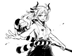 Rule 34 | 1girl, absurdres, commentary request, cowboy shot, earrings, greyscale, hair ornament, hakama, highres, holding, holding weapon, horns, japanese clothes, jewelry, kimono, meijin kusano, monochrome, one piece, open mouth, ponytail, rope, shimenawa, sidelocks, sleeveless, sleeveless kimono, solo, weapon, yamato (one piece)