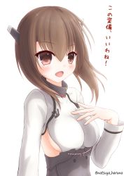 Rule 34 | 10s, 1girl, bad id, bad pixiv id, blouse, breasts, brown eyes, brown hair, hair between eyes, hand on own chest, headband, headgear, highres, kantai collection, medium breasts, natsuya (pucelle), open mouth, shirt, short hair, smile, solo, taihou (kancolle)