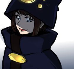 Rule 34 | 1girl, androgynous, boogiepop, boogiepop (character), brown hair, cloak, foguba, gradient background, grey eyes, hat, highres, short hair, simple background, smile, solo