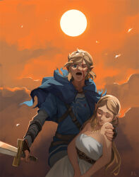 Rule 34 | 1boy, 1girl, blonde hair, blood, blood on face, blue cape, blue eyes, blue shirt, breasts, brown gloves, cape, closed eyes, cloud, commentary, cowboy shot, dated commentary, dress, fingerless gloves, gloves, hand on another&#039;s shoulder, holding, holding sword, holding weapon, large breasts, link, long hair, nintendo, one eye closed, open mouth, orange sky, pointy ears, princess zelda, shirt, short hair, signature, sky, strapless, sun, swept bangs, sword, the legend of zelda, the legend of zelda: breath of the wild, torn cape, torn clothes, weapon, white dress, zi tsas